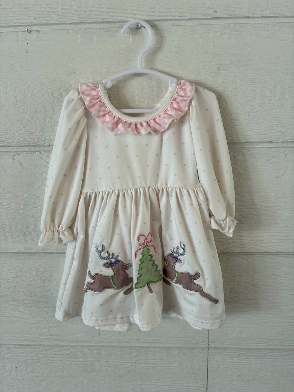 Cream and Pink Long-Sleeve Holiday Dress with Reindeer Appliqué